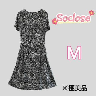 【極美品】soclose ワンピース 花柄 クロス ストレッチ クルーネック(ひざ丈ワンピース)