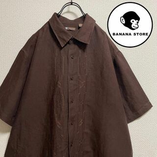 ビッグサイズ キューバシャツ ブラウン ライン刺繍 テロ感 レーヨン(Tシャツ/カットソー(半袖/袖なし))
