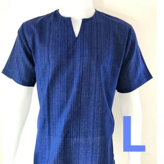 〖全8色〗 アジアン エスニック 半袖 Vネック Tシャツ Lサイズ ブルー(Tシャツ/カットソー(半袖/袖なし))