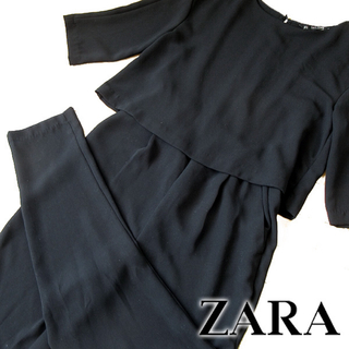 ザラ(ZARA)の美品 (EUR)M ザラ ZARA BASIC レイヤードジャンプスーツ 黒(オールインワン)