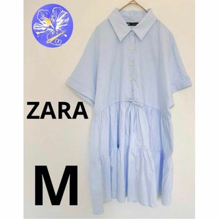 ザラ(ZARA)のZARA シャツワンピ チュニック 半袖 無地 シンプル 水色 春 夏 M 古着(シャツ/ブラウス(半袖/袖なし))