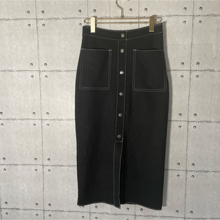 ザラ(ZARA)の442 ザラ 配色ステッチボタンタイトスカート フェイクスエード ブラック XS(ロングスカート)