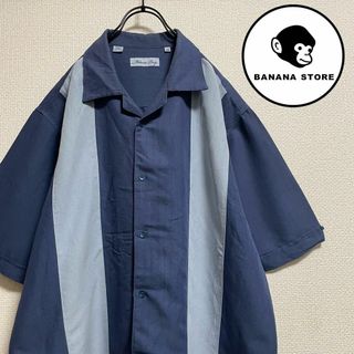 ビッグサイズ ラインシャツ オープンカラー 紺 水色 バイカラー テロ感(Tシャツ/カットソー(半袖/袖なし))