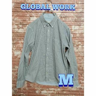 GLOBAL WORK - グローバルワーク ストライプ柄 長袖 コットン ボタンダウンシャツ 白 M