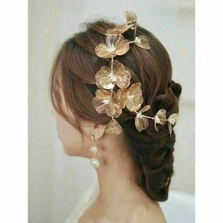 ヘッドドレス　ゴールド フラワー 花 ブライダル ヘアアクセサリー 上品(その他)