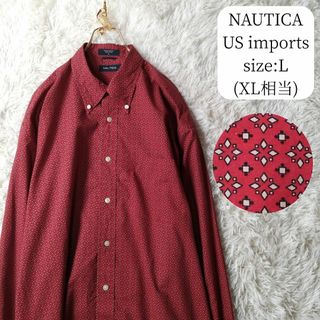 ノーティカ(NAUTICA)のUS輸入古着 長袖ボタンダウンシャツ 総柄 幾何学模様 レッド XLサイズ(シャツ)