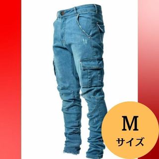 新品 現場服 作業着 カーゴ ブルー ストレッチ スキニー Mデニム パンツ(ワークパンツ/カーゴパンツ)