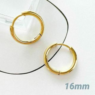 フープピアス　ゴールド　2mm幅　16mm　キャッチレス　ステンレス　軽量　金(ピアス)