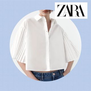 ザラ(ZARA)のZARA  半袖　シャツ　プリーツ　ザラ  プリーツスリーブポプリンシャツ　白(シャツ/ブラウス(半袖/袖なし))