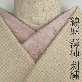 半衿 薄柿 綿麻 ハートの花の刺繍 コットンリネン ピンク 半襟 綿麻レース 夏(和装小物)