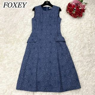 フォクシー(FOXEY)の希少品☆極美品☆フォクシー リネン フラワー 総刺繍 ドレス ワンピース 現行M(ひざ丈ワンピース)