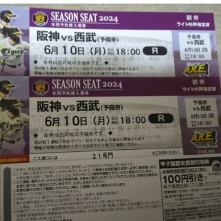 阪神タイガース - 6/10　阪神vs西武　ライト外野指定席ペアチケット（予備券）