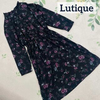 しまむら - Lutique 花柄 スタンドカラー フリル ワンピース L ブラック パープル