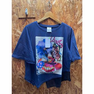 イズスカラー(iS ScoLar)のスカラー　141646：花蝶柄アップリケ アシンメトリー裾ドットシフォンT(Tシャツ(半袖/袖なし))