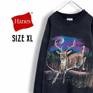 ヘインズ(Hanes)のヘインズ スウェット インポート古着 XL アニマルプリント 黒b10(スウェット)