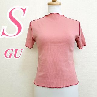 GU - ジーユー　半袖カットソー　S　ピンク　メロウ　配色　綿　ポリ