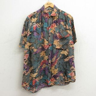 XL★古着 半袖 シャツ メンズ 90年代 90s 花 総柄 緑他 グリーン 24may23 中古 トップス(シャツ)