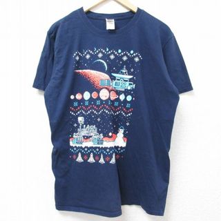 L★古着 半袖 Tシャツ メンズ 雪だるま クリスマス ロケット コットン クルーネック 濃紺 ネイビー 24may23 中古(Tシャツ/カットソー(半袖/袖なし))