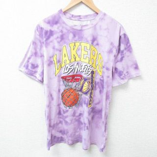 L★古着 半袖 Tシャツ メンズ NBA ロサンゼルスレイカーズ クルーネック 薄紫他 パープル タイダイ バスケットボール 24may23 中古(Tシャツ/カットソー(半袖/袖なし))