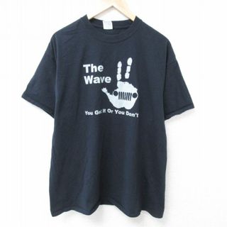 XL★古着 半袖 Tシャツ メンズ Wave コットン クルーネック 黒 ブラック 24may23 中古(Tシャツ/カットソー(半袖/袖なし))