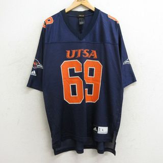 アディダス(adidas)のXL★古着 アディダス adidas 半袖 ビンテージ フットボール Tシャツ メンズ UTSA 69 大きいサイズ メッシュ地 Vネック 紺 ネイビー ユニフォーム ゲームシャツ 24may23 中古(Tシャツ/カットソー(半袖/袖なし))