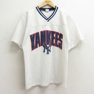 L★古着 半袖 ビンテージ フットボール Tシャツ メンズ 90年代 90s MLB ニューヨークヤンキース メッシュ地 Vネック USA製 白他 ホワイト ユニフォーム ゲームシャツ メジャーリーグ ベースボール 野球 24may23 中古(Tシャツ/カットソー(半袖/袖なし))