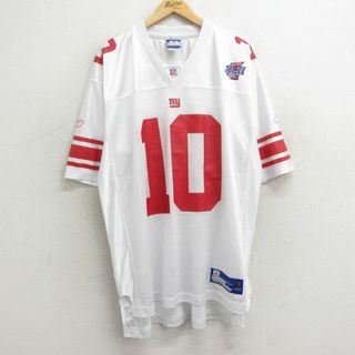 XL★古着 リーボック REEBOK 半袖 ビンテージ フットボール Tシャツ メンズ 00年代 00s NFL ニューヨークジャイアンツ イーライマニング 10 大きいサイズ ロング丈 メッシュ地 Vネック 白 ホワイト ゲームシャツ ユニフォーム アメフト スーパーボウル 24may23 中古