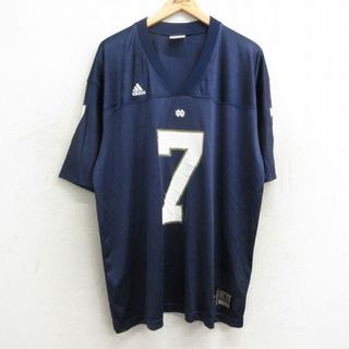 アディダス(adidas)のXL★古着 アディダス adidas 半袖 ビンテージ フットボール Tシャツ メンズ 00年代 00s ワンポイントロゴ 7 大きいサイズ ロング丈 メッシュ地 Vネック 紺 ネイビー ゲームシャツ ユニフォーム 24may23 中古(Tシャツ/カットソー(半袖/袖なし))