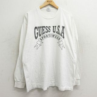 GUESS - XL★古着 ゲス GUESS 長袖 ビンテージ Tシャツ メンズ 90年代 90s ビッグロゴ 大きいサイズ コットン クルーネック USA製 白 ホワイト 24may23 中古