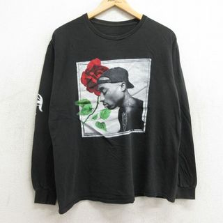 L★古着 長袖 ヒップホップ ラップ Tシャツ メンズ トゥパック 2パック 2PAC クルーネック 黒 ブラック 24may23 中古(Tシャツ/カットソー(半袖/袖なし))