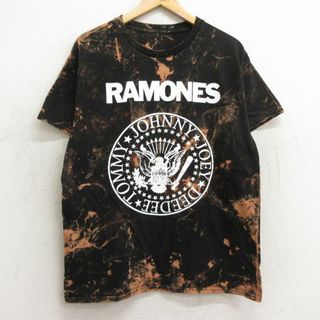 L★古着 半袖 ロック バンド Tシャツ メンズ ラモーンズ クルーネック 黒他 ブラック ブリーチ加工 24may23 中古(Tシャツ/カットソー(半袖/袖なし))