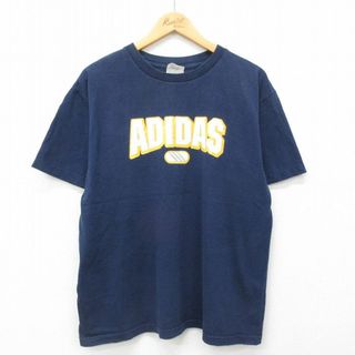 アディダス(adidas)のXL★古着 アディダス adidas 半袖 ビンテージ Tシャツ メンズ 00年代 00s ビッグロゴ コットン クルーネック 紺 ネイビー 24may23 中古(Tシャツ/カットソー(半袖/袖なし))