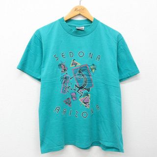 L★古着 オニータ ONEITA 半袖 ビンテージ Tシャツ メンズ 90年代 90s ホピ族 ココペリ セドナ コットン クルーネック USA製 青緑 24may23 中古(Tシャツ/カットソー(半袖/袖なし))