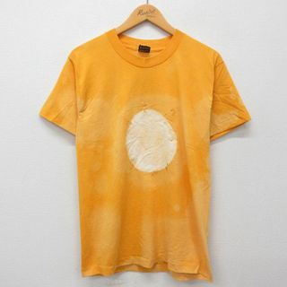 フルーツオブザルーム(FRUIT OF THE LOOM)のM★古着 フルーツオブザルーム 半袖 ビンテージ Tシャツ メンズ 90年代 90s ラメ ハンドペイント USA製 黄 イエロー ブリーチ加工 24may23 中古(Tシャツ/カットソー(半袖/袖なし))