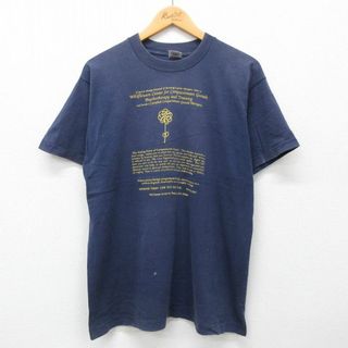 フルーツオブザルーム(FRUIT OF THE LOOM)のL★古着 フルーツオブザルーム 半袖 ビンテージ Tシャツ メンズ 90年代 90s 花 メッセージ コットン クルーネック USA製 紺 ネイビー 24may23 中古(Tシャツ/カットソー(半袖/袖なし))