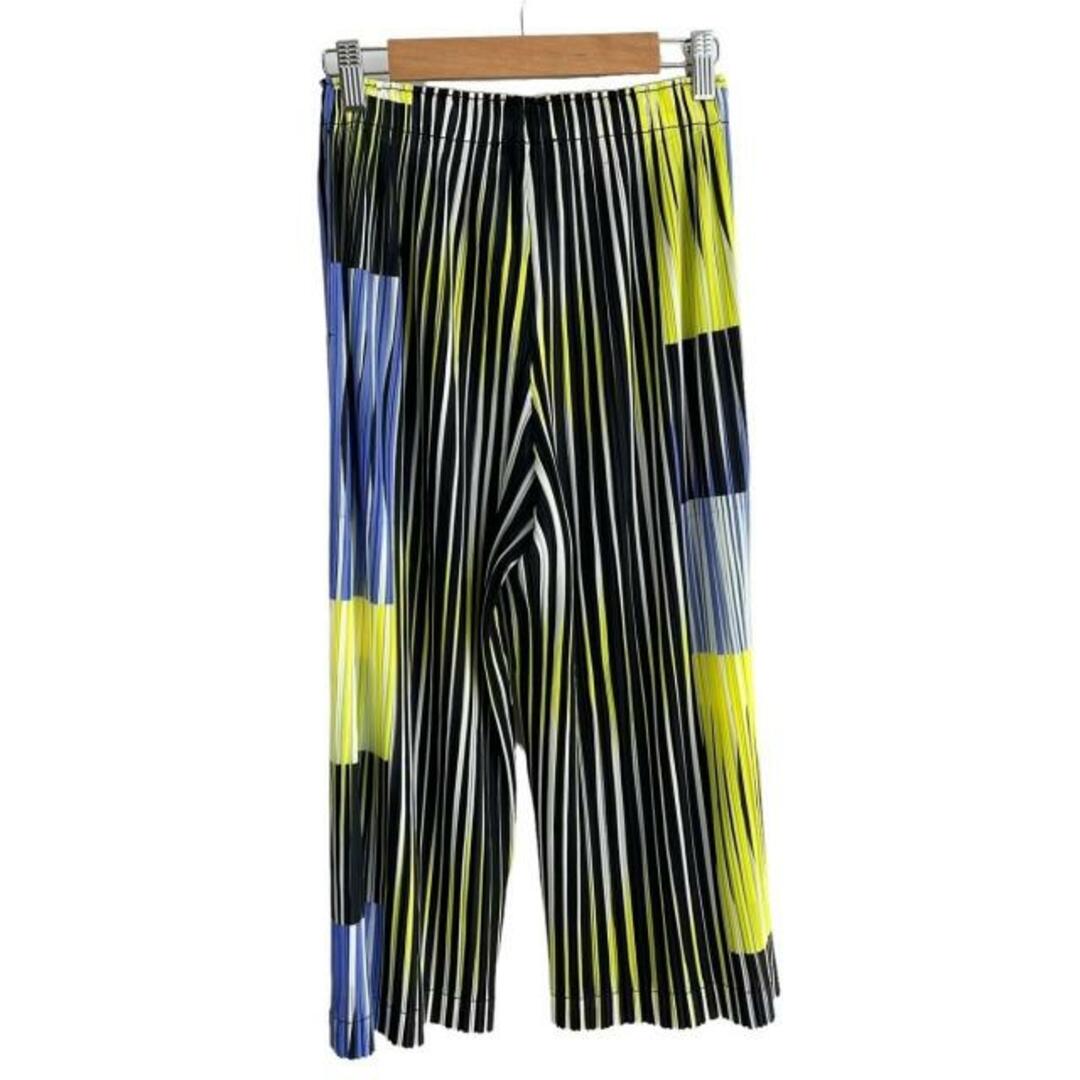PLEATS PLEASE(プリーツプリーズ) パンツ サイズ1 S レディース - 黒×イエロー×マルチ クロップド(半端丈)/プリーツ/ウエストゴム PLEATS PLEASE(プリーツプリーズ) パンツ サイズ1 S レディース - 黒×イエロー×マルチ クロップド(半端丈)/プリーツ/ウエストゴム