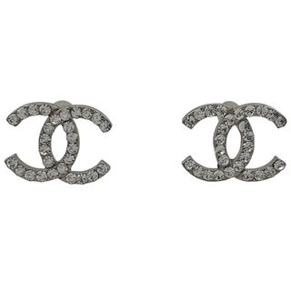 CHANEL - シャネル ココマーク ラインストーン ピアス シルバーメッキ 【中古】