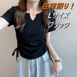 レディース Lサイズ ブラック ドロストT かわいい セクシー トップス 韓国(Tシャツ(半袖/袖なし))