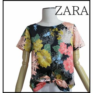 ZARA - 【ザラ】フラワープリントブラウス　トップス　和柄　花柄　黒　コットン