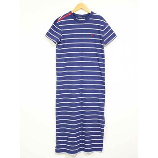 ラルフローレン(Ralph Lauren)の新品未使用品☆POLO RALPH LAUREN/ポロラルフローレン☆ストライプドコットンTシャツドレス/ワンポイント/クルーネック/サイドスリット/ショルダージップ/半袖/ロング丈 ブルー×ホワイト/青×白 レディース XS/Ｐ 夏 414032(その他)