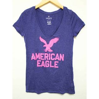 アメリカンイーグル(American Eagle)の△American Eagle/アメリカンイーグル△半袖カットソー/Tシャツ/半袖/Vネック/ロゴプリント　ネイビー/紺×ピンク　レディース　S　【中古】　夏 824032(Tシャツ(半袖/袖なし))