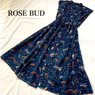 ローズバッド(ROSE BUD)のローズバッド  ダンシングプリントノースリーブワンピース  ネイビー(ロングワンピース/マキシワンピース)