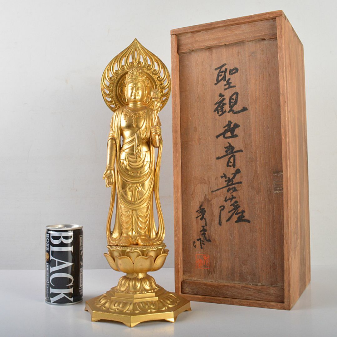 仏師 牧田秀雲作 銅鍍金 聖観世音菩薩像 仏像 置物 共箱 V 仏師 牧田秀雲作 銅鍍金 聖観世音菩薩像 仏像 置物 共箱 V