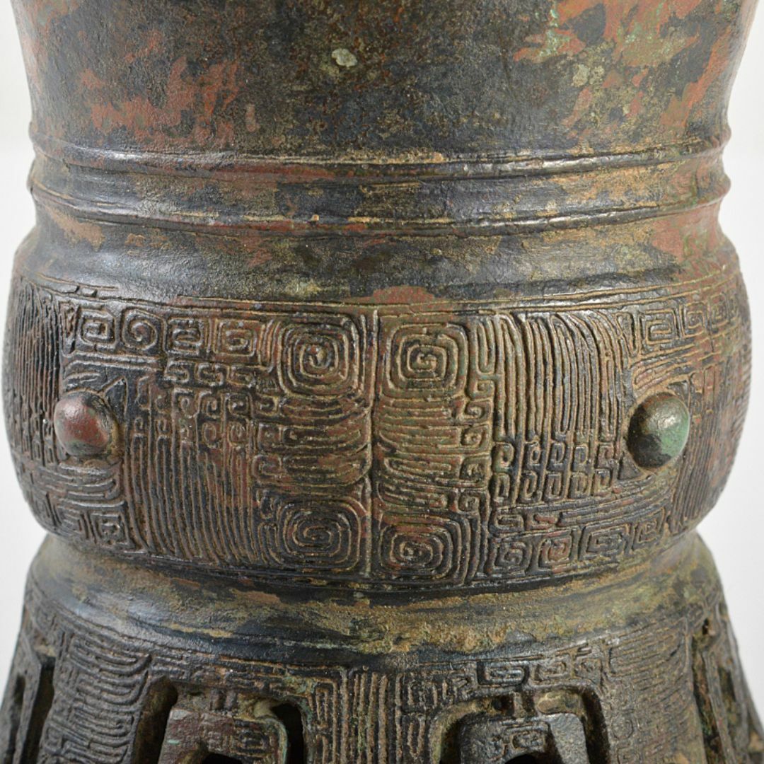 中国 古銅宣徳銅 斑紫銅 饕餮文 尊式瓶 唐木台・時代箱付 D