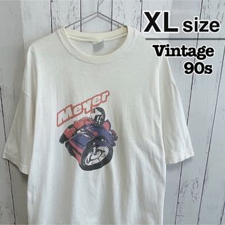 ヴィンテージ(VINTAGE)のUSA古着　90s　Tシャツ　XL　ホワイト　白　プリント　バイク　コットン(Tシャツ/カットソー(半袖/袖なし))