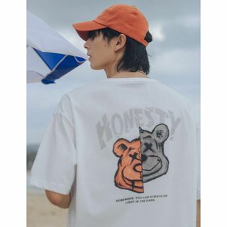 半袖Tシャツ オーバーサイズ バックプリント ストリート クマ 韓国 XL  白(Tシャツ/カットソー(半袖/袖なし))