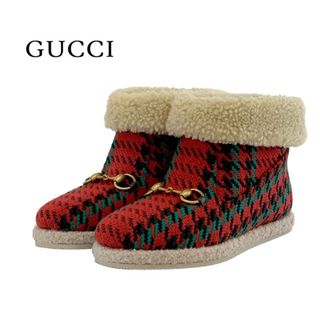 Gucci - グッチ GUCCI ブーツ ショートブーツ 靴 シューズ ウール ムートン レッド グリーン ブラック 未使用 ムートンブーツ ホースビット 千鳥格子 ボア