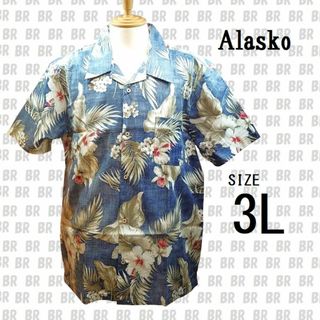 新品　【Alasko】　３Ｌ　ネイビー　綿裏使い　アロハシャツ　ハイビスカス