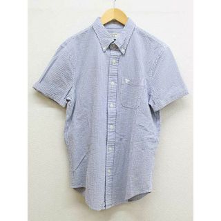 【夏物 新入荷】★Abercrombie&Fitch/アバクロンビーアンドフィッチ★半袖ストライプシャツ/シンプル/カジュアル/おしゃれ/シャツ/半袖 ライトブルー×ホワイト/水色×白 メンズ S【中古】夏 025042(シャツ)