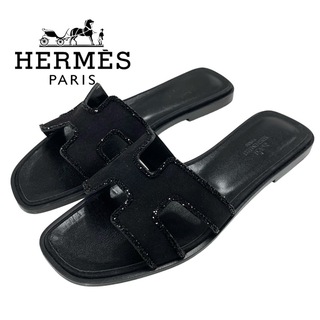 エルメス(Hermes)のエルメス HERMES オラン サンダル 靴 シューズ スエード ブラック 黒 フラットサンダル ラインストーン(サンダル)
